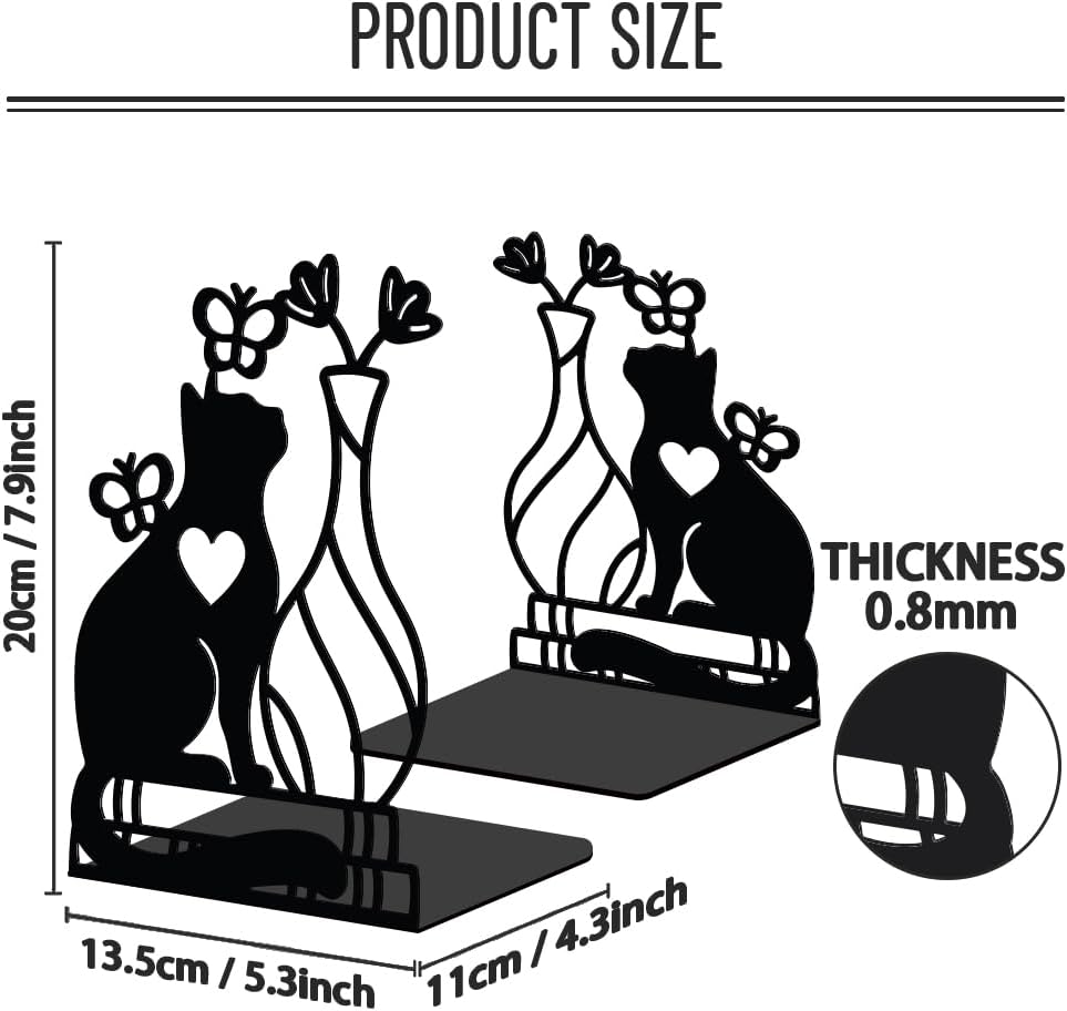 WADORN 1 Pair Cute Cat Flower Metal Decorative Bookend for Shelves, Heavy Duty Book Ends Modern Non-Skid Books Holder Stand Black Book Support Stoppers for Desk Bookshelf Office Home, 5.3x4.3x7.9 Inch