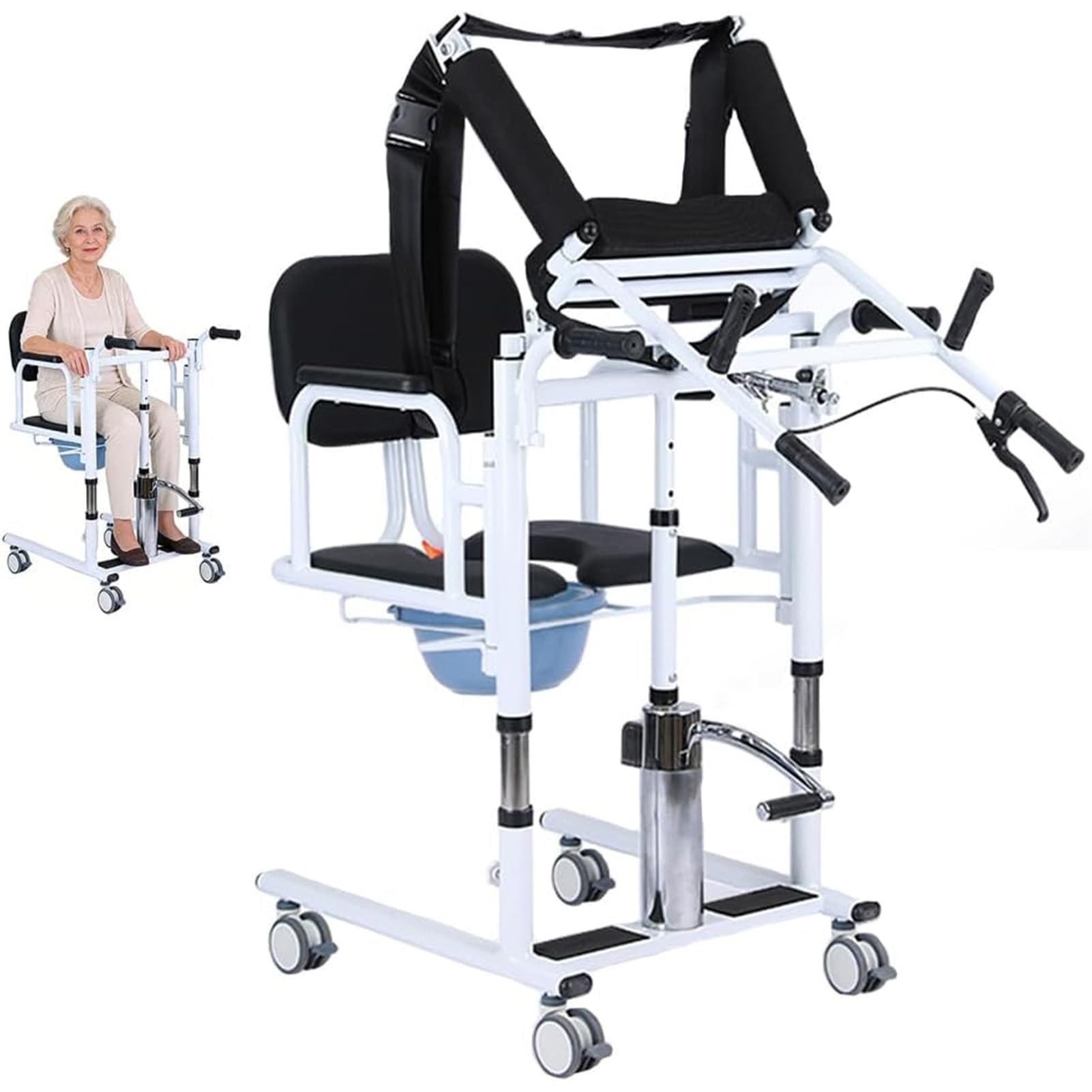 Joyfitness Mobility Transfer Chair, Hydraulic Lift Transfer Chair for Disabled Adults, 180° Split Seat, Detachable Tabletop, Bedpan Included, 4 Locking Wheels, Height Adjust 41-65cm, Max Load 440Lbs
