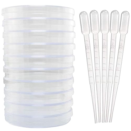 MEETOOT 10 piezas de plástico desechables Petri Dish 3.543x0.591 in con 5 pipetas de transferencia de plástico grueso de 0.1 fl oz para proyectos de