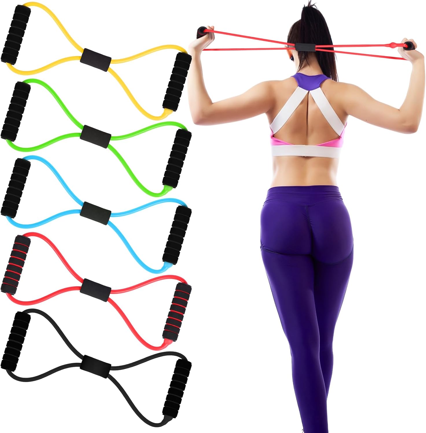 Skylety Figure 8 Fitness Resistance Bands with Handles Set of 5 Exercise Bands for Women Men Rope 8 Word Elastic for Arm and Shoulder Stretch Yoga Gym Fitness Muscle Training Chest Expander