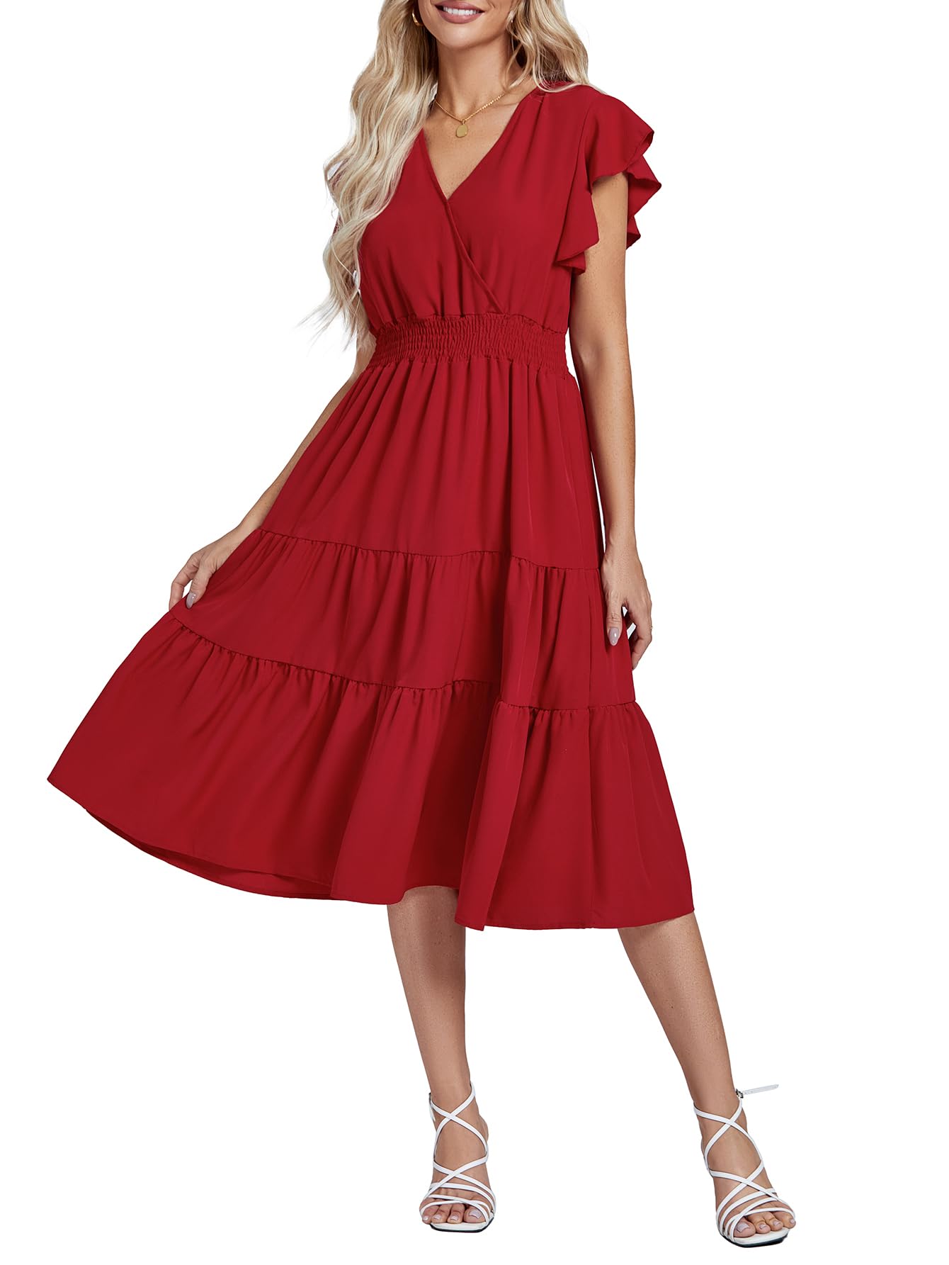 Amfyn Women's Knitting strachable Solid V Neck Flaired Sleeve Dresses (Maroon ) main image 0
