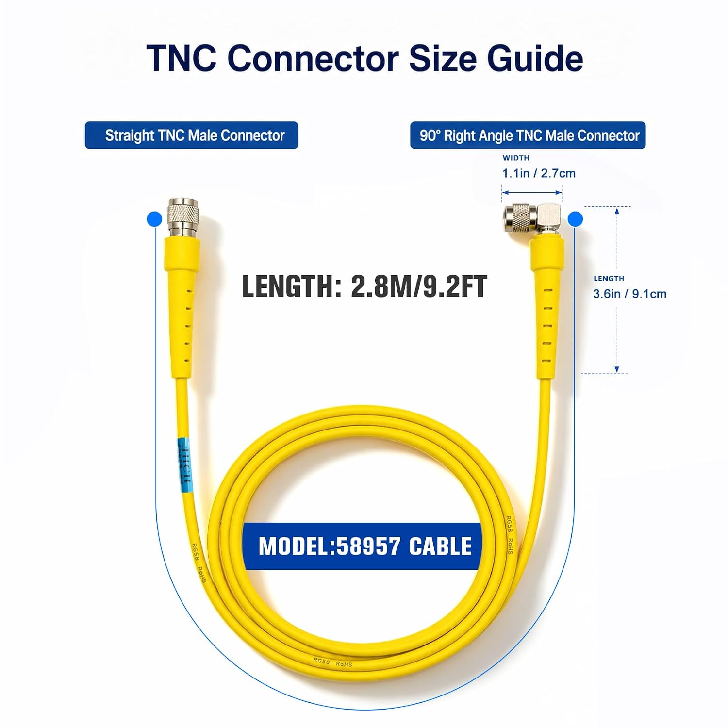 RTK GNSS GPS 58957 Antenna Cable Suitable for Trimble, Topcon, Leica receivers TNC Male to Right Angle TNC Male Low Loss RG58 coaxial Cable (2.8m / 9ft)