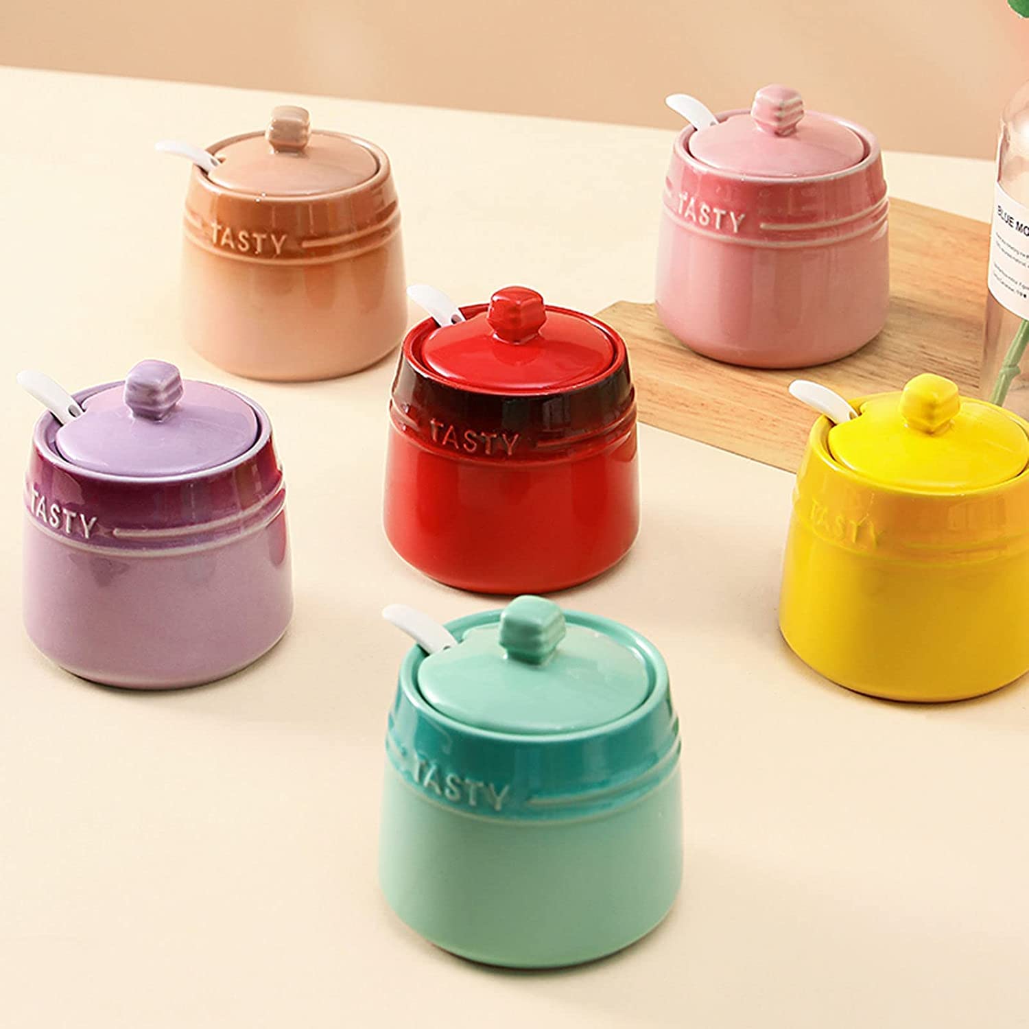 Azucarero de cerámica, jarra for crema, azucarero de cerámica con degradado francés con tapa, azucarero sólido con cuchara, tarro de especias de porcelana, decoración de cocina, almacenamiento, rojo (