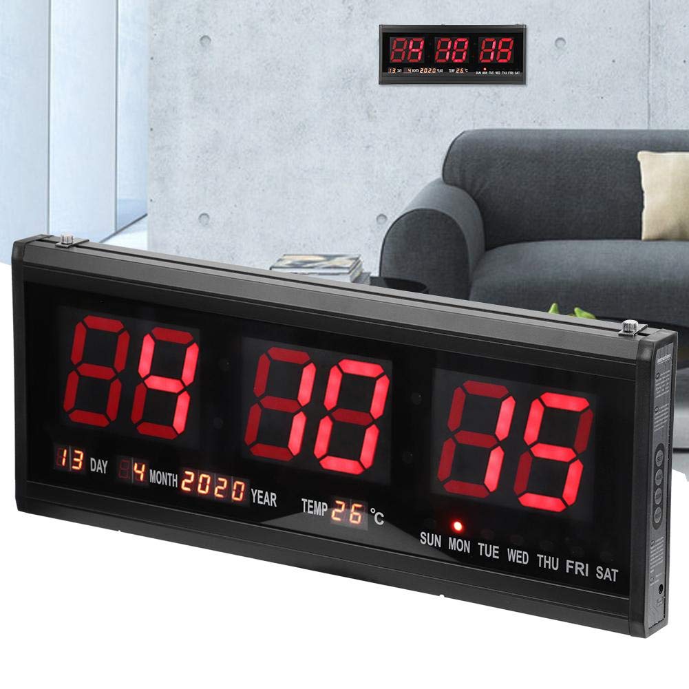 Ymiko Duży cyfrowy zegar LED nowoczesny cyfrowy zegar ścienny LED / kalendarz, timer, wyświetlanie daty, temperatury, 24 lub 12 godzin, wtyczka UE 110 V-240 V, uchwyt ścienny