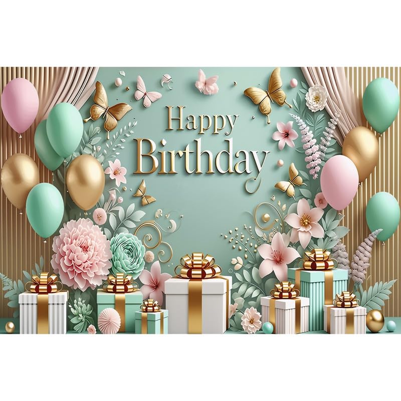 Image of Colorful Floral Happy Birthday Backdrop Curtain - Wedding & Festival Party Photography Decoration in Light Green (Pack of 1)