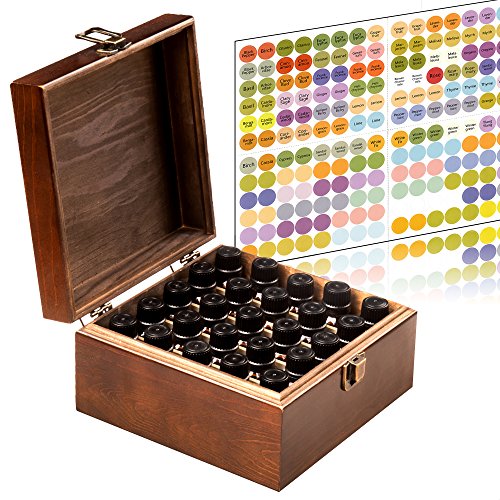 Essential Oil Storage Box Organizer 25 Bottle - Holds 5-15ml & 10ml Roller Bottles - Free Roller Bottle Opener & 192 Essential Oil Labels - Brown