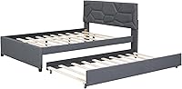 Vista 4 de Moderna cama tapizada de tamaño matrimonial, plataforma de tela de lino con cama nido tamaño individual, base de cama de madera maciza con cabecera