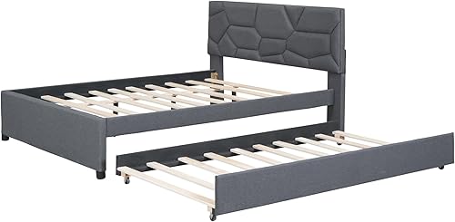 Miniatura 3 de DNYN Cama de plataforma tapizada de tamaño matrimonial con nido (individual) para niños, adolescentes, dormitorio de adultos, marco de cama de