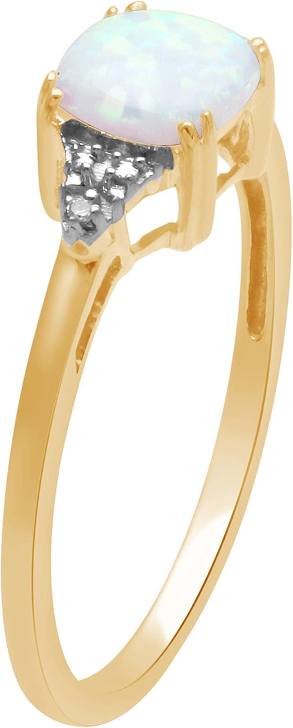 Jewelili October Birthstone Ring in 10K Yellow Gold with Cushion Cut Created Opal and Natural White Round Diamond Accent, Size 8: Clothing, Shoes & Jewelry
