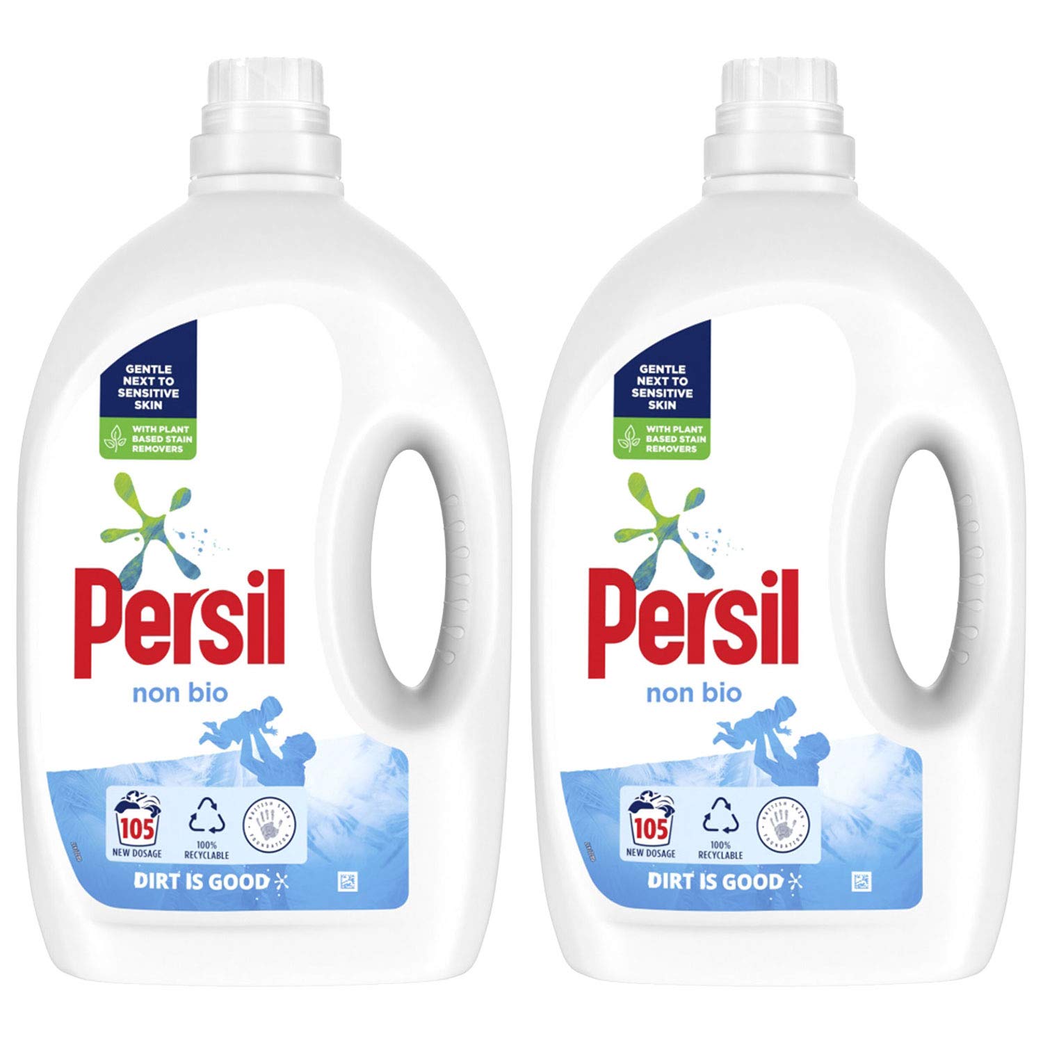 Persil Non-Bio Butelka w 100% nadająca się do recyklingu Płyn do prania Detergent do prania Odporna na plamy, delikatna dla skóry wrażliwej, 105 mycia 2,835 ml, opakowanie 2 szt