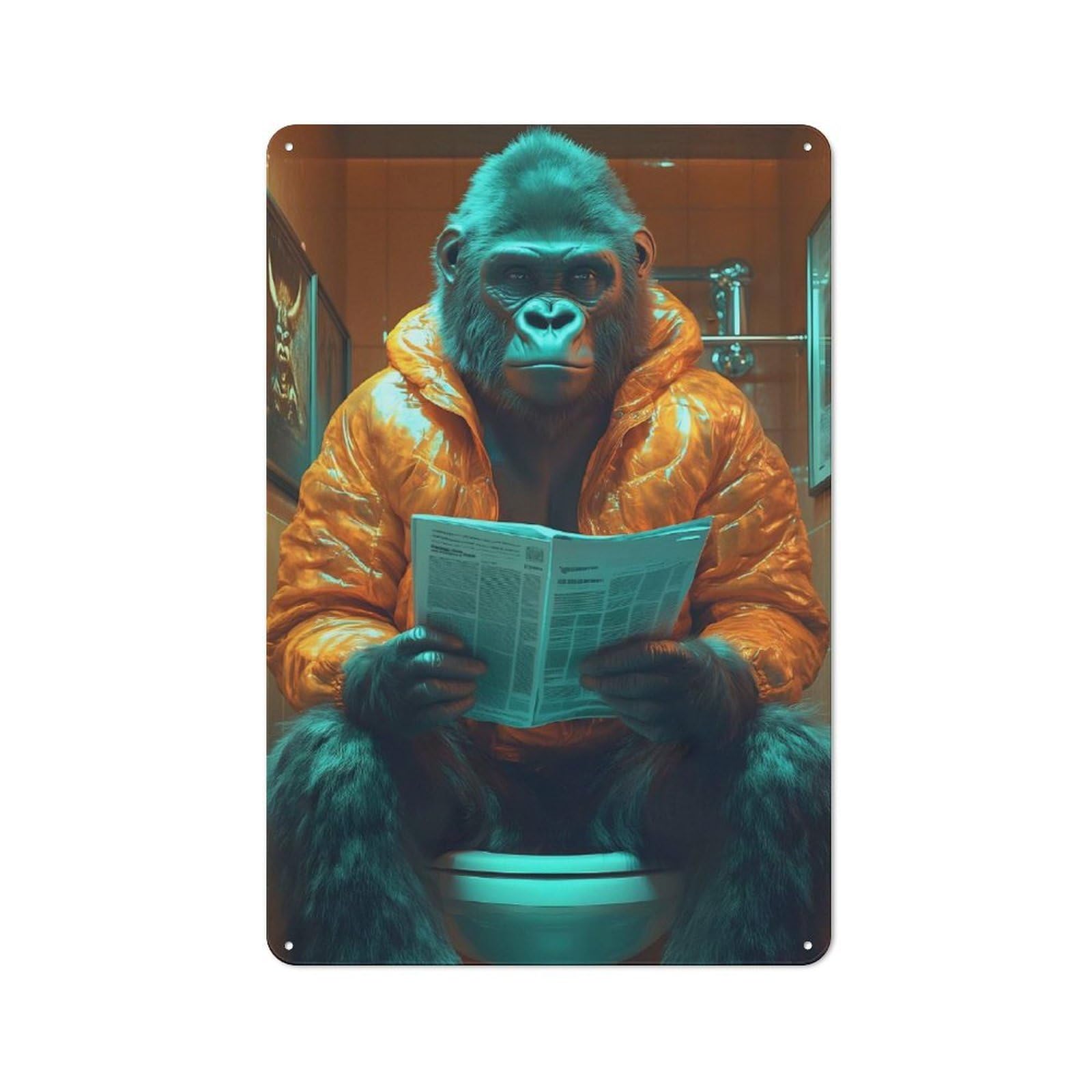 Junmoney Gorilla Reading On Toilet For Café Or Restaurant, Vintage Metal Sign 30X20cm, For Vintage Wall Decor Fans, For Cafés, Pubs And Restaurants