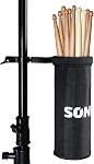 SONICAKE Drumstick Holder, Adjustable Nylon Drum Sticks Bag, Drumstick or Brushes Mallets Container Bag, Clamp-On Lockable Aluminium Alloy Drumstick Holder for Drum Set, Up to 5 Pairs of Sticks