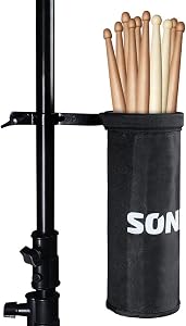 SONICAKE Drumstick Holder, Adjustable Nylon Drum Sticks Bag, Drumstick or Brushes Mallets Container Bag, Clamp-On Lockable Aluminium Alloy Drumstick Holder for Drum Set, Up to 5 Pairs of Sticks