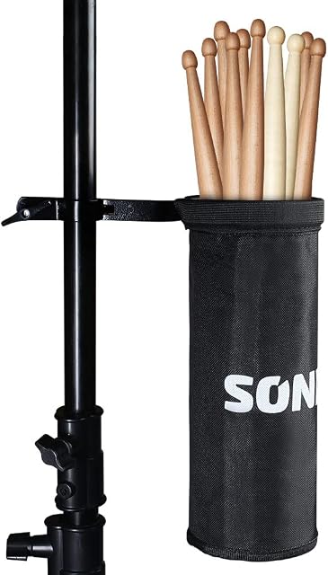 SONICAKE Drumstick Holder, Adjustable Nylon Drum Sticks Bag, Drumstick or Brushes Mallets Container Bag, Clamp-On Lockable Aluminium Alloy Drumstick Holder for Drum Set, Up to 5 Pairs of Sticks