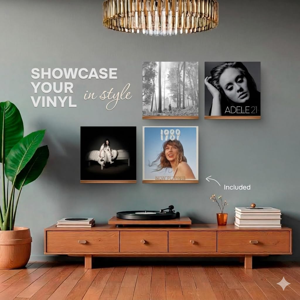 VOL-KI 4-Pack Vinyl Record Shelf Wall Mount – Solid NZ Pine Wood Floating Vinyl Display Shelf & Record Holder, Includes Now Playing Display, Marking Strip & Mini Level, record wall display (Black)