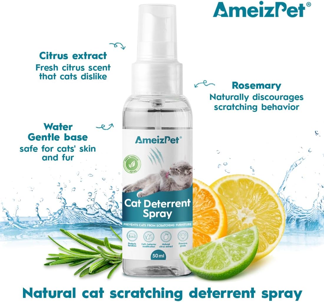 AmeizPet Cat Scratching Deterrent Spray, Cat Repellent Spray, Stop Cats Scratching Furniture, Carpets, Curtains and Plants, Safe and Effective Solution, Use Indoor & Outdoor, 1.69 fl oz (50 ml)