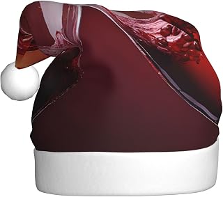 Red Wine Glass Cheers Printed Classic Christmas Hat with Fluffy Pom Pom, Soft Santa Hat for Xmas Festivities Holiday Family Party Gift