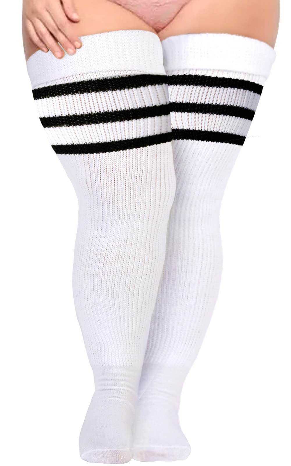 Plus Size Womens Thigh High Socks for Thick Thighs- Extra Long Striped Thick Over the Knee Stockings- Leg Warmer Boot Socks - White & Black