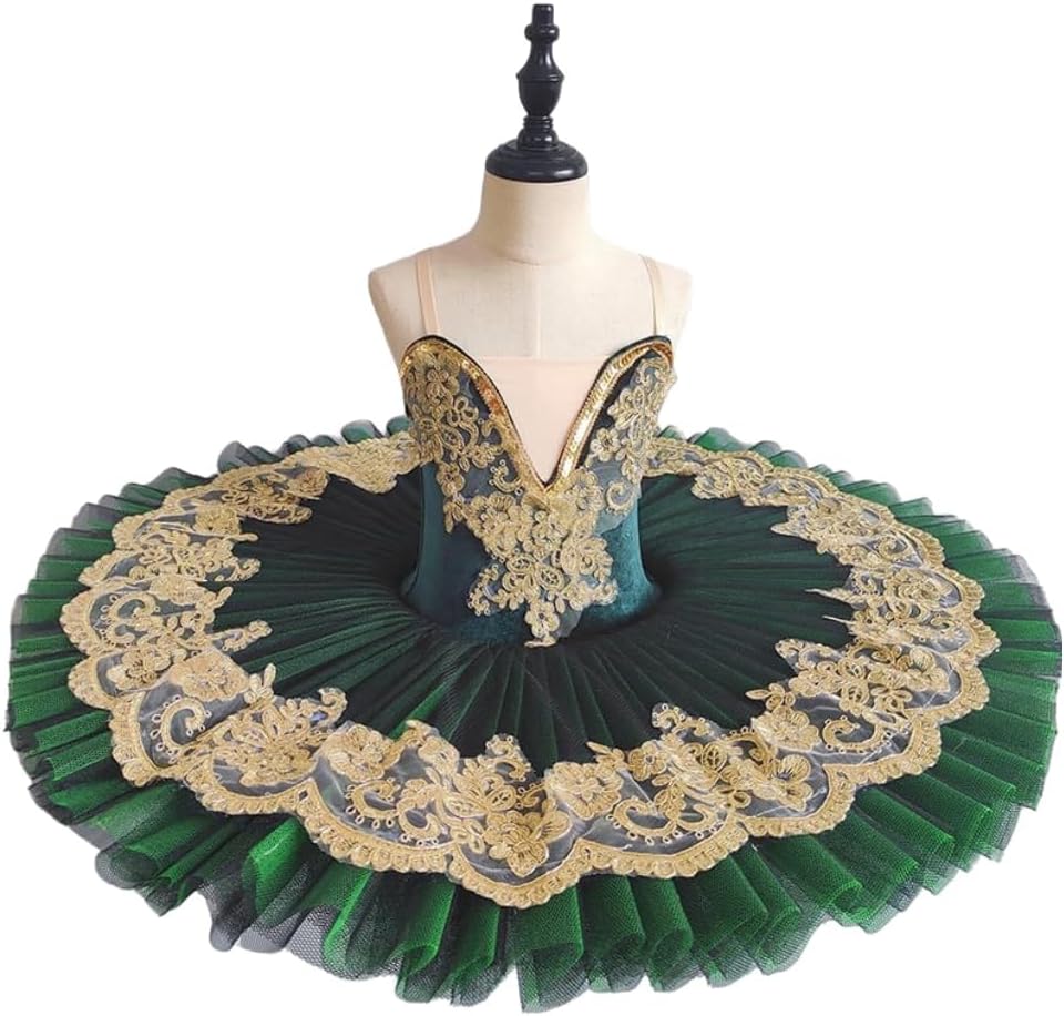Girls Professional Tutu Skirt Swan Lake Pancake Ballet Dress Floral Embroidery Performance Dancewear,130cm,Green