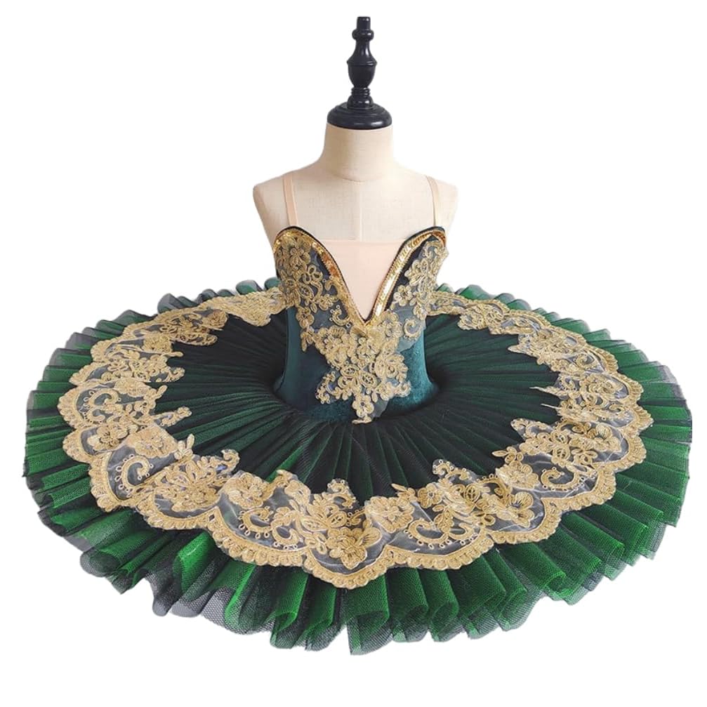 Qgtxf Girls Professional Tutu Skirt Swan Lake Pancake Ballet Dress Floral Embroidery Performance Dancewear,140cm,Green