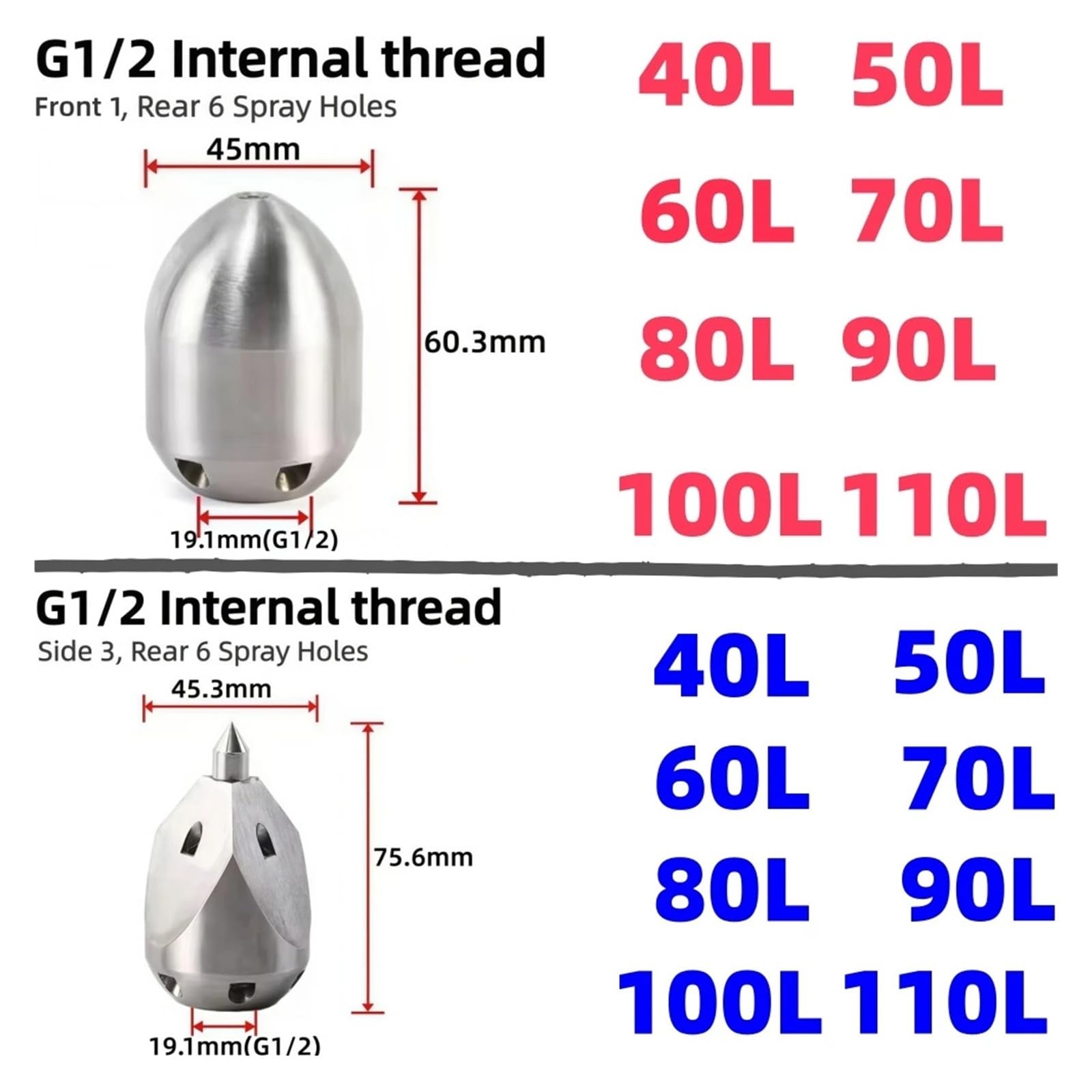 40L ~ 110L "G1/2 Zoll Kanalisation Jetter Düse Edelstahl Pipeline Reinigung Werkzeuge Hochdruck Maschine Zubehör(Gray,50LIMin)