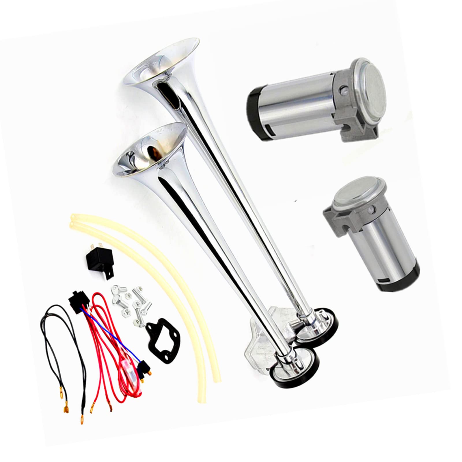 Klaxon de voiture Air Horn 165db Klaxon de camion 12V Haut-parleur de Trompette à double tube en zinc chromé argenté avec deux pompes à air Compresseur Car Horn pour 12V camion bateau SUV etc