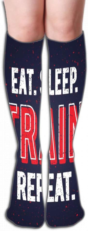 GHEDPO Men's Women Socks High Graduated Casual Socks 19.7"(50cm) eat sleep train repeat motivational inspirational workout quote grunge effect gym poster design cool