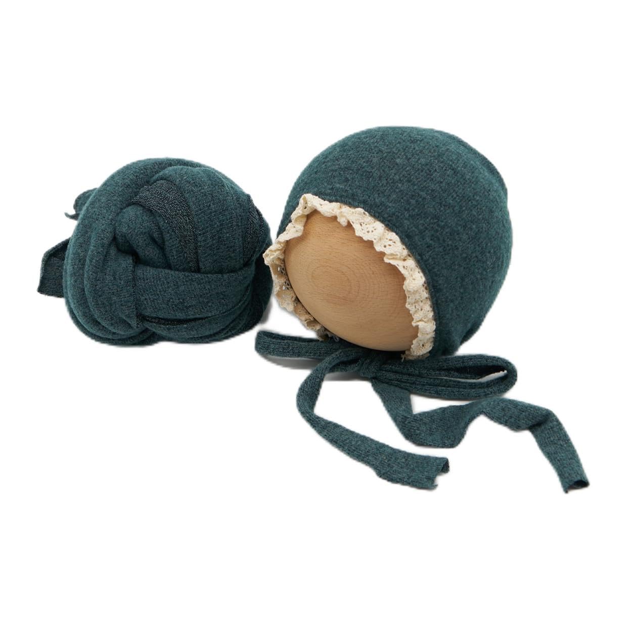 Vemonllas Newborn Photography Wrap Prop Newborn Photoshoot Outfits Ruffle Bonnet Baby Girl Boy Photo Lace Edge Hat Set (Bonnet and Wrap, Deep Green)
