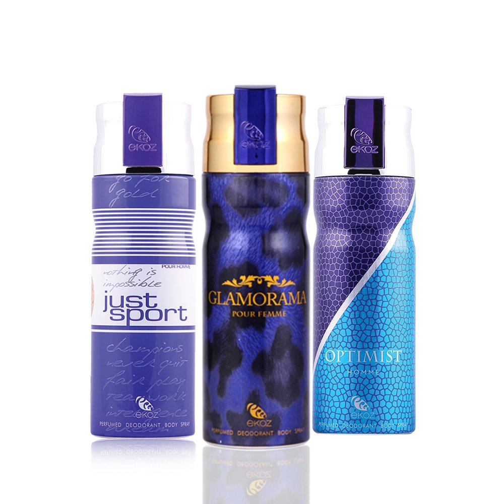 Ekoz Glamorama Blue, Optimist Men And Just Sport Men Deodorant Combo For Men And Women (Pack Of 3, 200 Ml Each) Gift For Wedding Anniversary