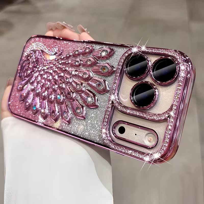 Image of mobistyle Designed for iPhone 17 Pro Max,3D Diamond Luxury Electroplate Glitter Peacock Tail Bling Design Camera Protection Shockproof Phone Case for (Pink, iPhone 17 Pro Max)