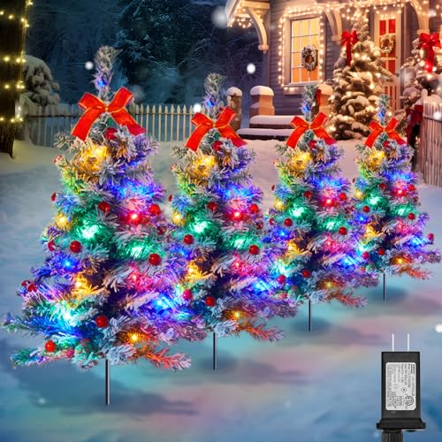 Brightown Pathway Christmas Tree, 4 Packs Each 2.5 Ft Snow Flocked Outdoor Xmas Tree Christmas Outdoor Decorations Yard Sidewalk Driveway Walkway Grave Cemetery Christmas Trees