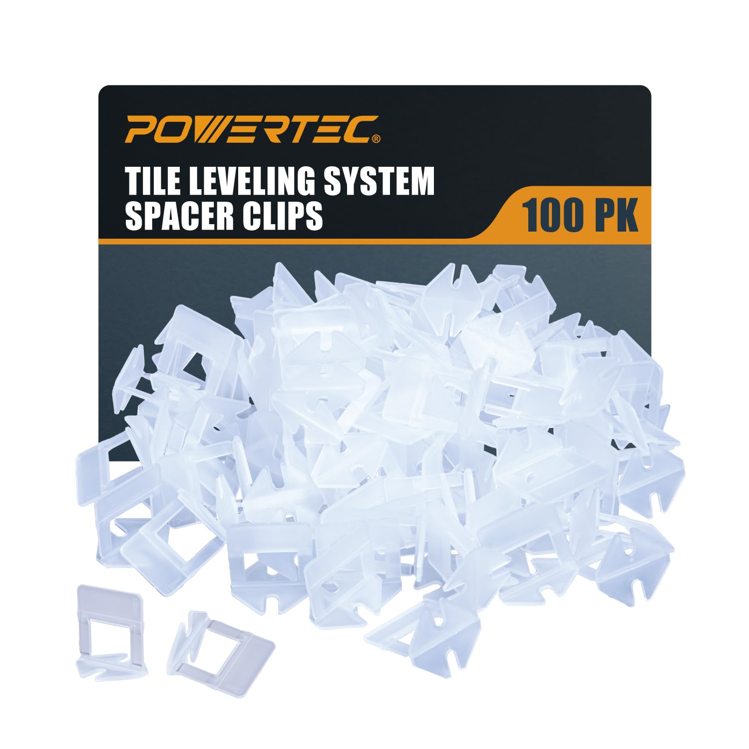 POWERTEC 1/16" Tile Leveling System Clips 100 Pack, Anti-Lippage Tile Spacers and Levelers for Floor &amp; Wall Installation – Disposable Grout Spacer Clips for Ceramic, Porcelain, Marble, Tiles (71898)