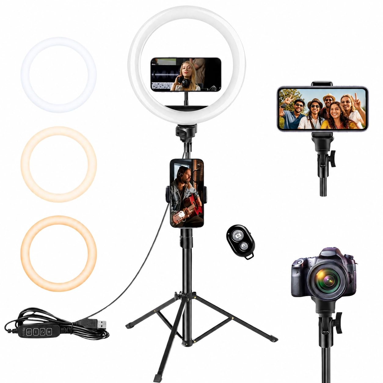 RUKK Aro de Luz con Trípode Extensible 160cm - Anillo de Luz LED 10” para Móvil (3 Modos, 10 Brillos) con Control Remoto Bluetooth - Ring Light Profesional para TikTok, Maquillaje y Youtube