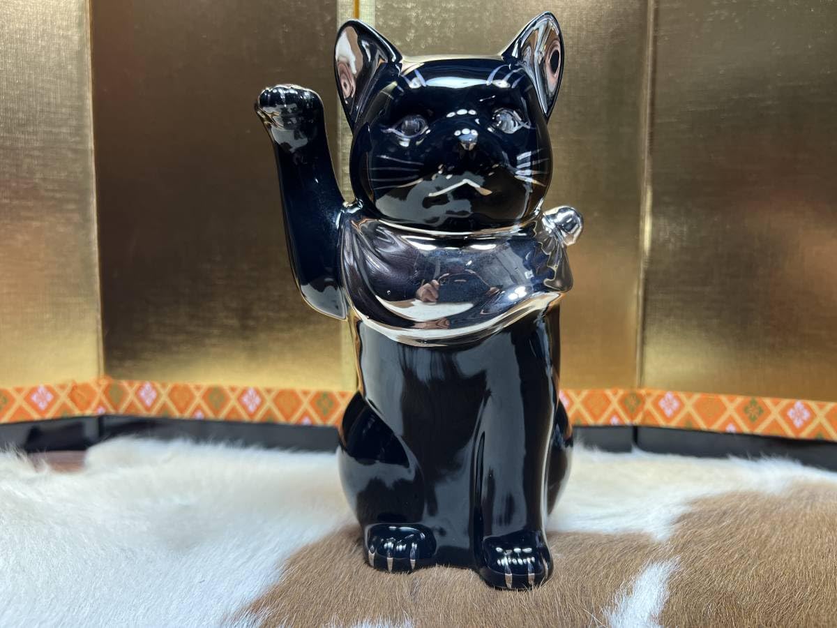 Amazon.co.jp: 高級銀色プラチナ黒猫招き猫置物陶器ねこネコ九谷瀬戸