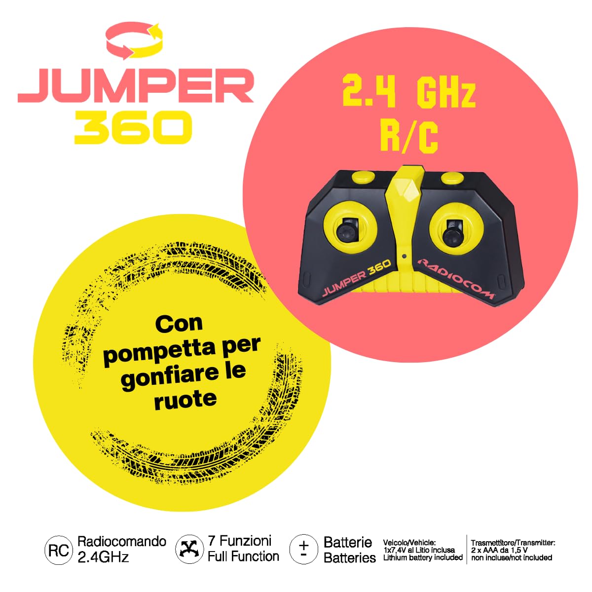 ODS - Radiocom Jumper 360, Macchina Radiocomandata Giocattolo Stile Stunt, 360° Di Evoluzione, Ruote in PVC, Radiocomando 2.4 Ghz, 7 Funzioni, Ricarica USB, Età +6 Anni