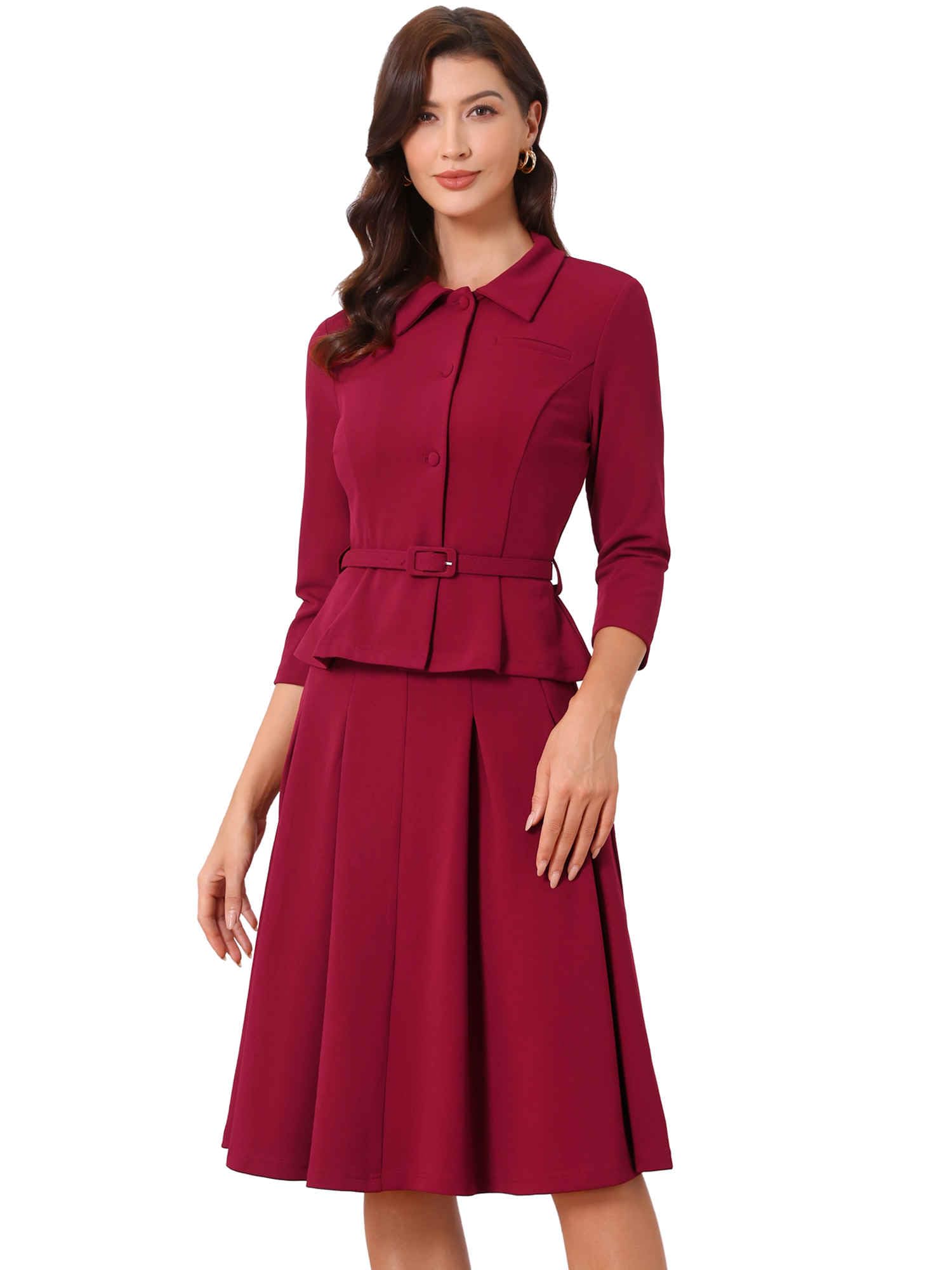 Allegra K Tailleurs-Jupes Femmes Ensemble de Costume d'affaires Tenues de Bureau 2 Pièces Veste Blazer avec Ceinture Jupes Plissées