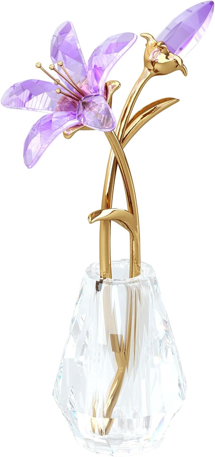 Crystal Purple Lily Flower Figurines Collectible Flowers Gifts for Women Mom Glass Lilies with Stem Romantic Decor for Home Wedding Party
