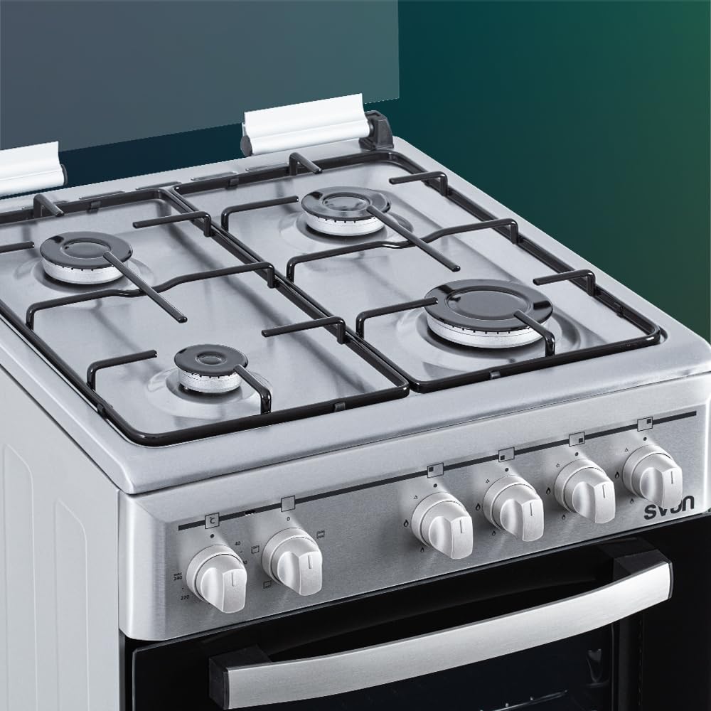 Svan Cocina Mixta Gas Butano 4 Zonas de Cocción, Horno 48 L, Inox SKM4501X. Control Manual, 5 Programas de Cocción, Cristal en Puerta de Doble Capa, Tapa Abatible