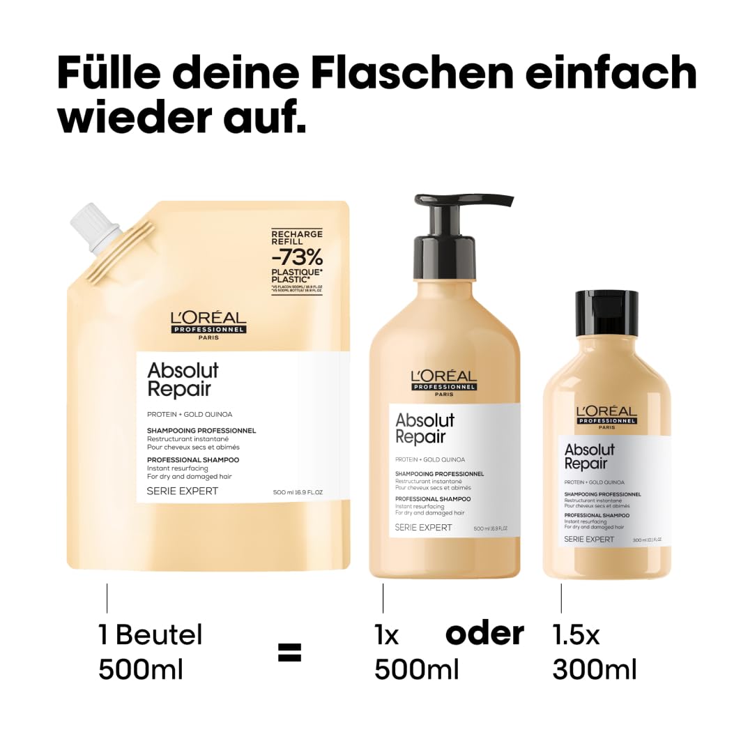 L'Oréal Professionnel Shampoo-Set für strapaziertes und trockenes Haar, Mit Quinoa, Serie Expert, Absolut Repair Shampoo 500ml & Nachfüllbeutel, Refill 500ml