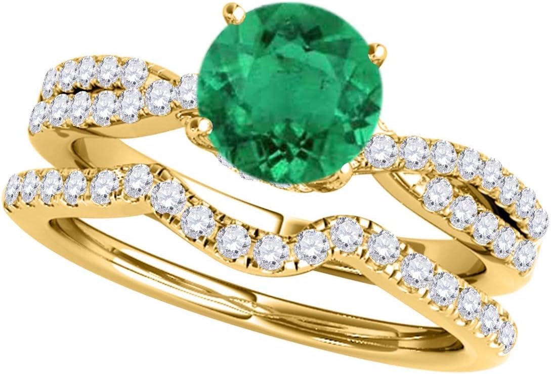 1.27 Carat Halo Emerald And Diamond Bridal Set prong 14k Yellow Gold