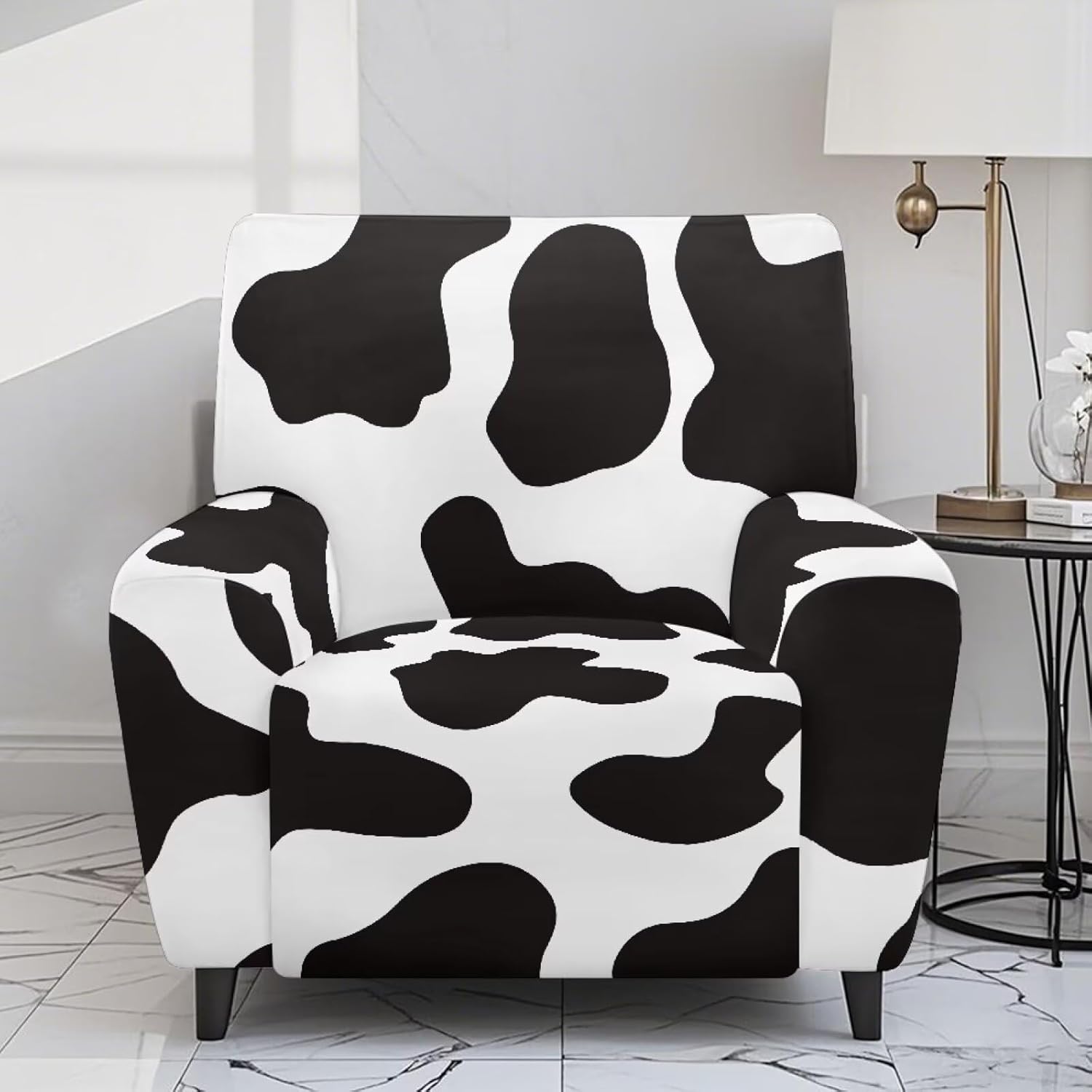 FOR U DESIGNS Black White Cow Easy Install 4-Pc Reclining Chair Slipcover Non Slip Stretch with Chew Resistant Fabric Storage Pockets Universal Fit for Small Recliners