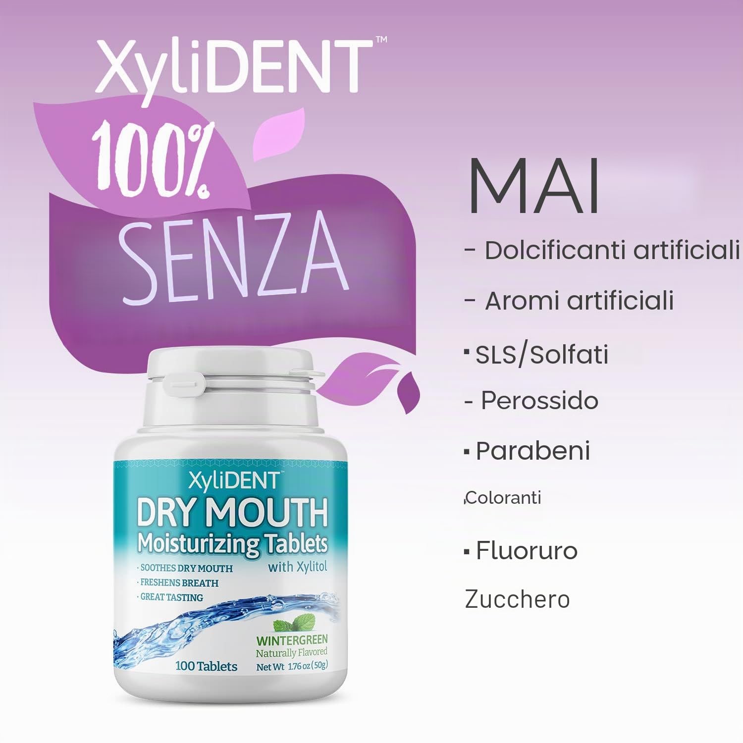 XyliDENT compresse di xilitolo per sollievo dalla bocca secca, verde inverno, 100 pezzi | Stimola la saliva, rinfresca l'alito, riduce la produzione di acido, sollievo ad azione rapida