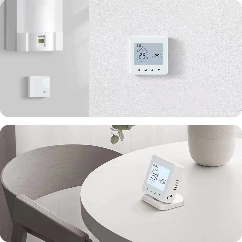 Termostato de calefacción de suelo RF433 no programable con rango ajustable de 5 a 95 °C, control de precisión de 0,5 °C, modos temporales automáticos manuales flexibles, bloqueo infantil activado por