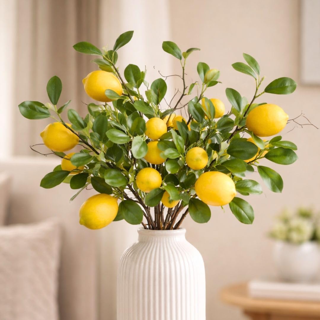 SATYAM KRAFT 24 Pcs Artificial Flower Lemon Sticks | Flowers for Vases Decoration, Home Decor, Living Room, Table Decoration, Office, Bedroom, Without Pot | Decorative Stems (Lemon) (Without Pot)-image-9