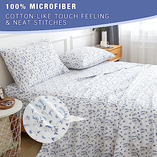 Kacemoo Queen Sheet Set 4Pc Printed Blue Flower Pattern Double Bed Sheets Luxury Cooling Soft Microfiber Floral Sheet Queen With 17” Deep Pocket, Easy Care, Breathable, Wrinkle Free, Machine Washable #TOP4