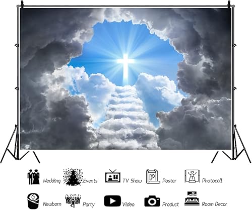 Miniatura 3 de Renaiss Telón de fondo de escalera al cielo de 9 x 6 pies, luz sagrada, cruz, nubes, paraíso, escaleras, fondo, escalera al cielo, actividad