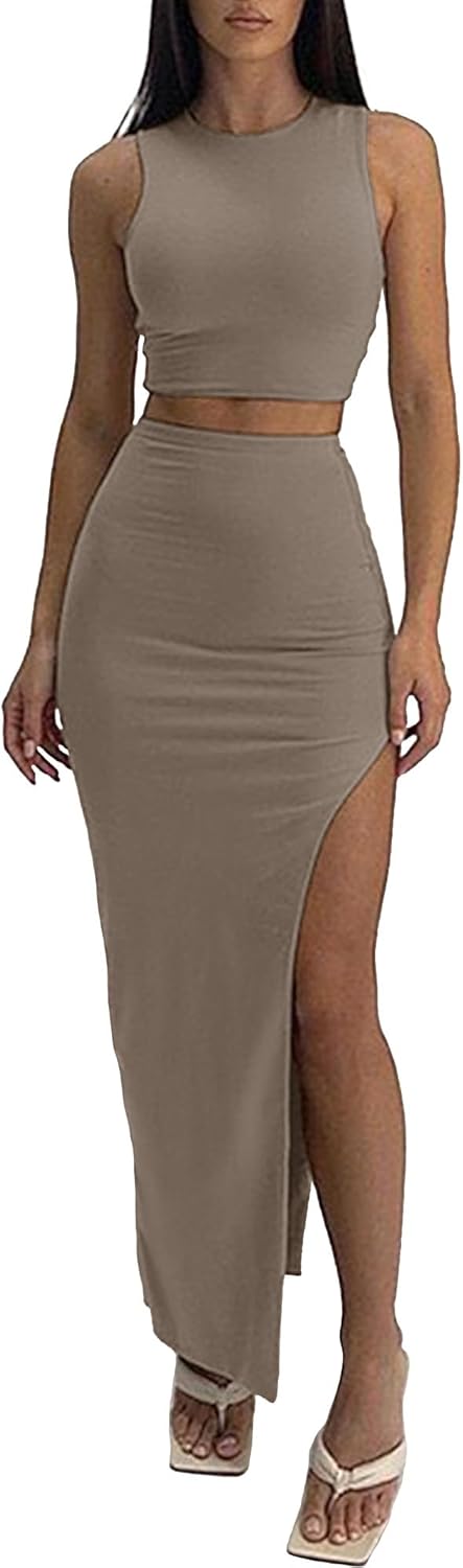 Elleven sexy summer outfit: knit bodycon tank top, high-slit skirt