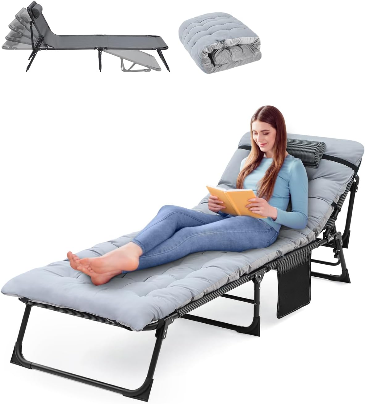 Yaheetech Veldbed met matras, campingbed, inklapbaar, logeerbed met draagtas en zijzak, 191 x 67 cm, ligstoel tot 150 kg belastbaar, blauw matras grijs bed