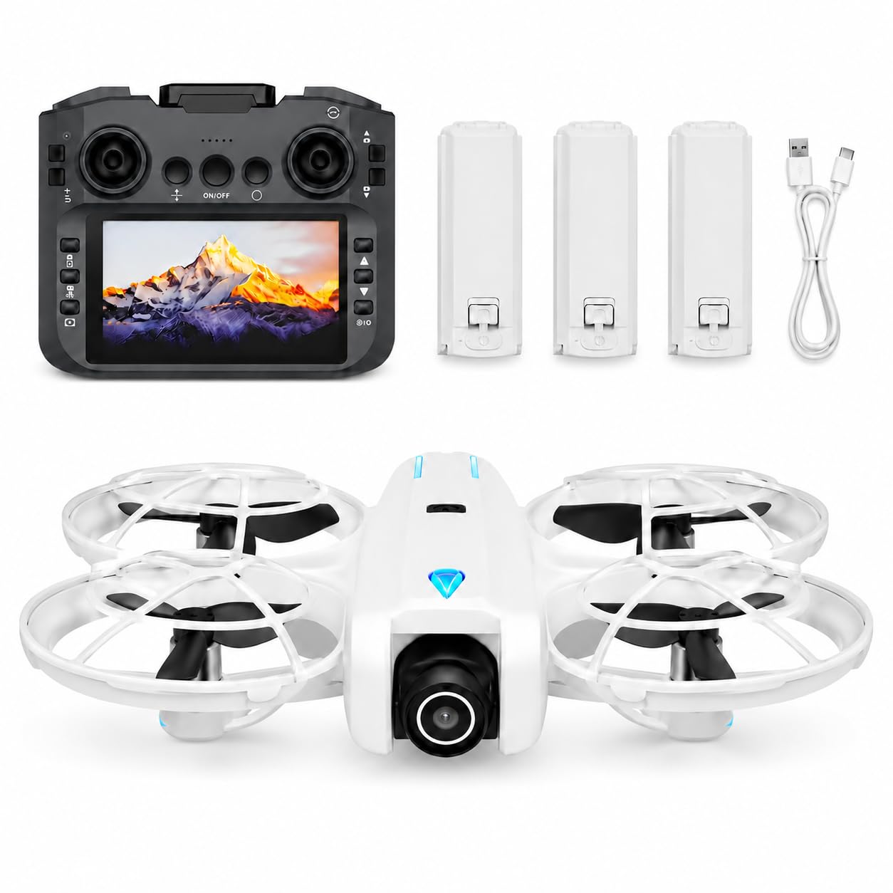Mini Kameradrohne 1080p mit FPV Livebild, 5,6 Zoll Display-Fernsteuerung, Optical Flow, bürstenloser Motor, 2 Akkus, Propellerschutz, ab 14 Jahren (Weiß, 3 St. Akkus)