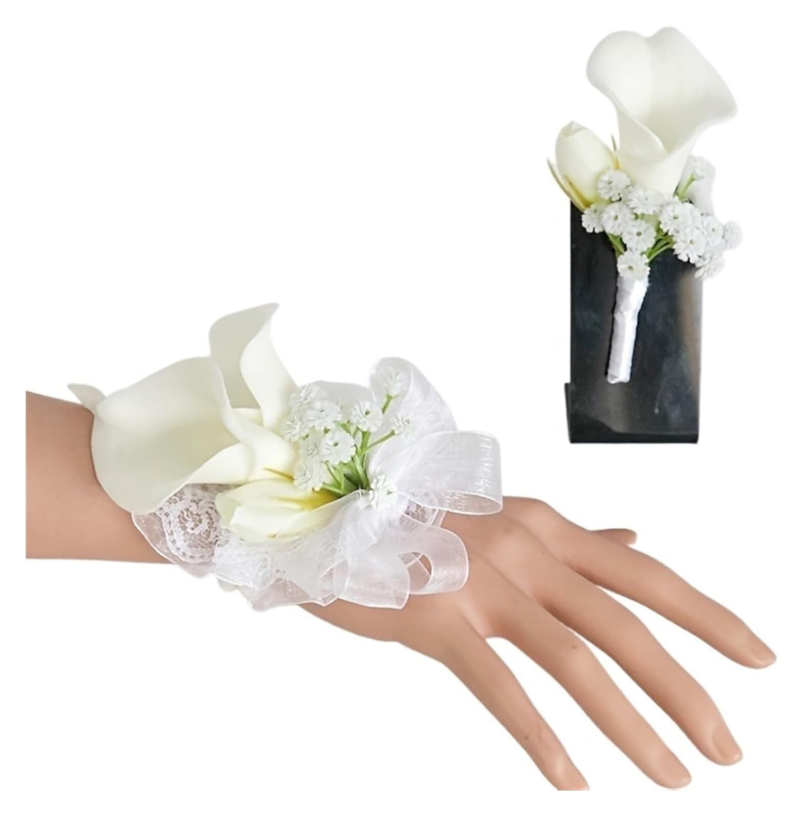 HIFRQVVC Rose Corsage Bracelet, Wedding Corsage Wrist Flower Artificial Calla Lily With Band Pin White(2 Pcs Set)